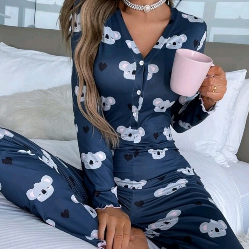 Koala & Heart Print Half Button Lettuce Trim Sleep Jumpsuit PJs Size small NWOT